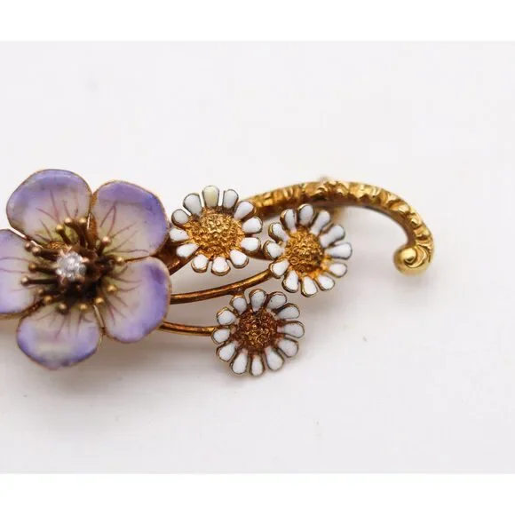 ART NOUVEAU 1900 Edwardian Enameled Flowers Brooch In 18Kt Diamond - Picture 5 of 8